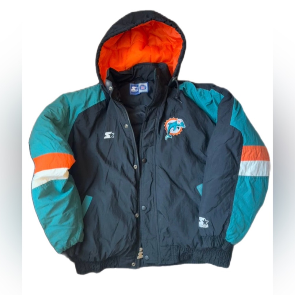 STARTER Men’s XL NFL Miami Dolphin Starter jacket Teal and Black PufferJacket